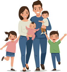 Happy Family Of Five With Two Boys A Girl A Baby And Parents In Casual Outfits