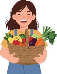 Happy Farmer Girl Holding Basket Full of Fresh Vegetables Cartoon Style
