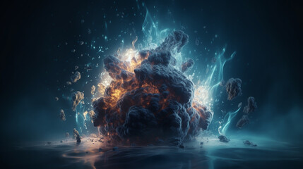 A mesmerizing digital rendering showcases a celestial explosion of vibrant blue and orange hues, creating a captivating display of cosmic energy and light