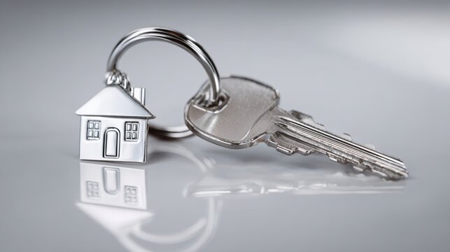 Silver House Key on Ring: Real Estate, Homeownership, Security and Investment Concept