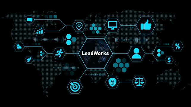 Global network of digital icons and data visualization with the word Lead Works in the center technology - Powered by Adobe