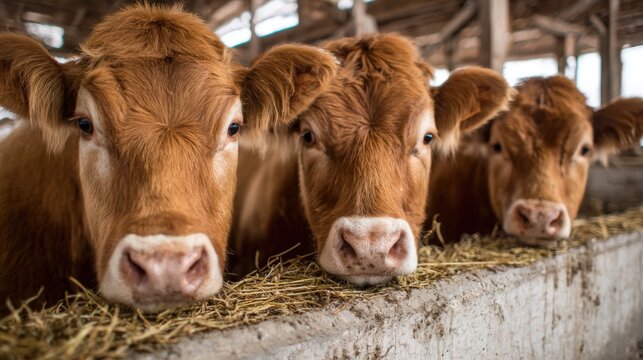 Curious Brown Cows Looking Over a Feeding Trough in a Barn, Agricultural Livestock Farming