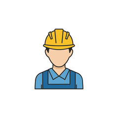 Cartoon worker with yellow hard hat and blue overalls isolated on white.