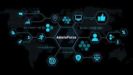 Global network of digital icons and data visualization with the word Admin Force in the center technology - Powered by Adobe