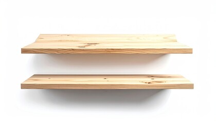 Two Rustic Wooden Shelves Mounted on a White Wall Displaying a Natural Wood Grain Texture and Subtle Shadow Play