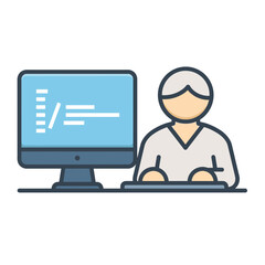 Person sits at computer with code on screen in a flat illustration.
