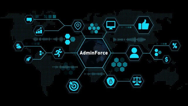 Global network of digital icons and data visualization with the word Admin Force in the center technology - Powered by Adobe