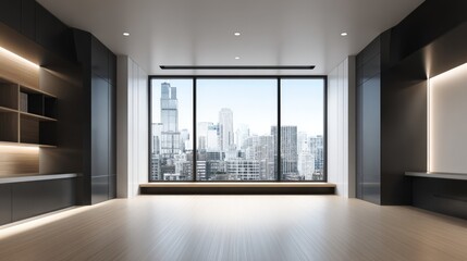 Fototapeta premium Modern Luxury Apartment Interior with Panoramic City View and Hardwood Floors, Featuring Contemporary Design