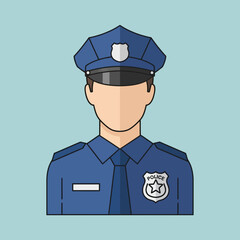 Policeman icon wearing blue uniform and hat on light blue background.