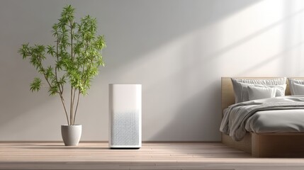 Fototapeta premium Air Purifier in a Modern Bedroom Promoting Healthy Living and Clean Air Quality