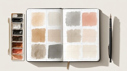 Fototapeta premium An open sketchbook displaying various watercolor swatches alongside a palette and a pen, showcasing a minimalist and artistic workspace.