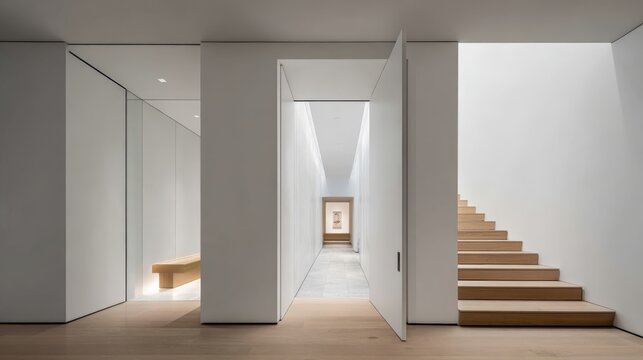 Minimalist Interior Design: Modern Hallway Featuring Clean Lines, Open Doorways, and Natural Light from Above