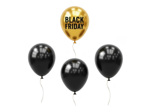Black friday balloon arrangement with gold and black colors isolated on transparent background for promotional material. Golden black friday balloon stands out among black balloons