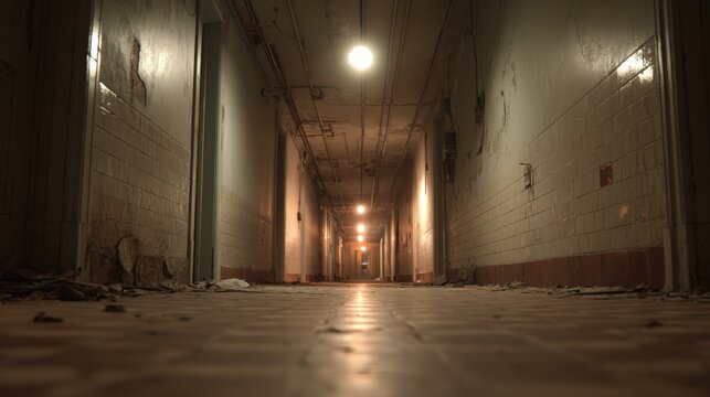 Eerie Long Hallway with Dim Lighting in an Abandoned Building, Symbolizing Fear and Decay