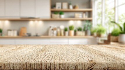 Obraz premium Rustic Wooden Tabletop Overlooking a Bright, Modern Kitchen with Open Shelving and Natural Light