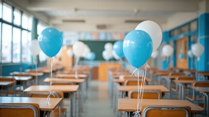 Festive Classroom Decorated with Balloons for Celebration, Education Concept Featuring Empty Desks and Chairs