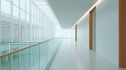 Fototapeta premium Bright Modern Office Hallway with Natural Light and Clean Lines, Featuring a Glass Balustrade and Minimalist Design