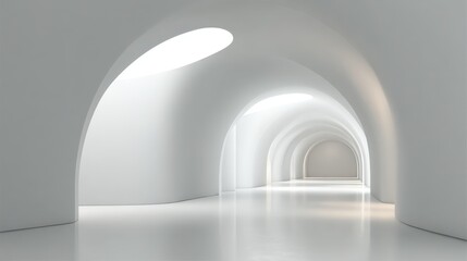 Fototapeta premium Modern White Architecture Tunnel with Arches and Natural Light, Minimalist Interior Design and Empty Space