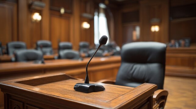 Courtroom Interior with Microphone and Empty Chairs, Symbolizing Legal Proceedings and Justice System