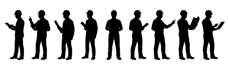 Silhouettes of engineers and construction workers in helmets standing with blueprints, tablets, and clipboards. Professional industrial team illustration in black silhouettes on white background