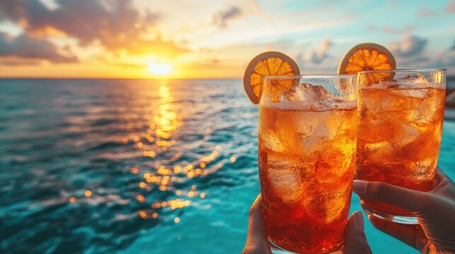 Two orange spritz drinks held before a beautiful ocean sunset. Perfect for travel blogs, summer ads and vacation rentals.