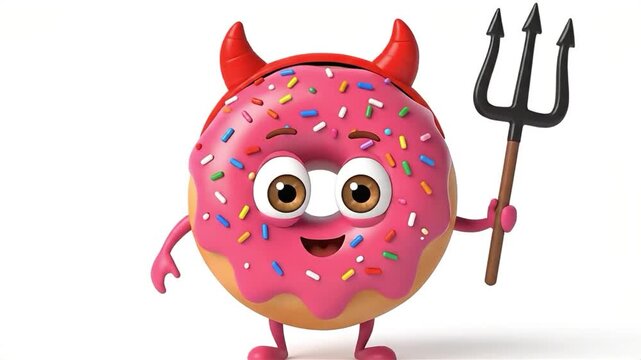 Animated Devil Donut Character Waving a Pitchfork on a White Background
