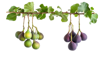 Hanging fig branches with leaves one with green figs and ripe figs on transparent background