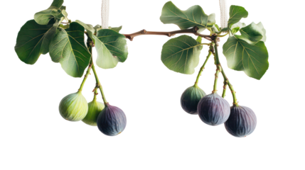 Hanging fig branches with leaves one with green figs and ripe figs on transparent background