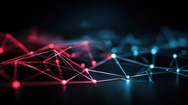 Abstract Network Plexus Background with Connected Nodes in Red and Blue Hues for Technology and Science