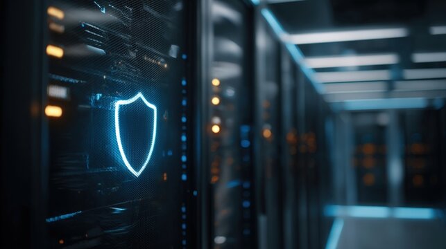 Server Room Data Protection: Glowing Shield Icon on Network Infrastructure for Cybersecurity