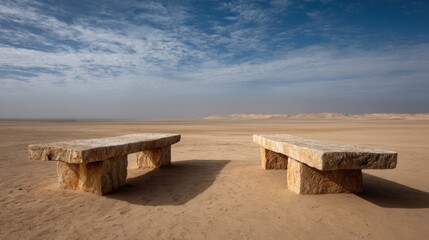 Obraz premium Two Stone Benches in a Desert Landscape Under a Blue Sky with Clouds Offering Tranquility and Space