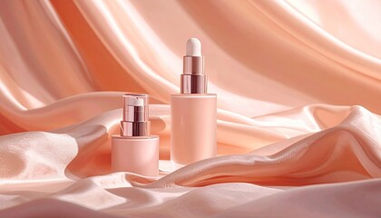 Two elegant pastel pink cosmetic serum bottles with rose gold accents displayed on flowing silk fabric with water droplets