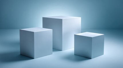 Fototapeta premium Minimalist Display Podium: Three White Cubes on a Gradient Blue Background for Product Showcase