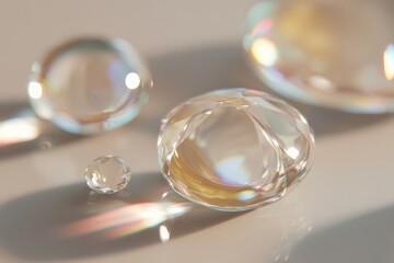 Fototapeta premium Macro Shot of Iridescent Water Droplets on White Surface Showcasing Reflection and Refraction Phenomenon