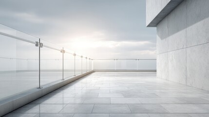 Fototapeta premium Modern architecture featuring an outdoor concrete terrace with frameless glass railing overlooking a cloudy sky