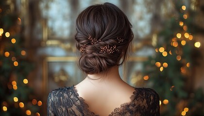 Elegant updo hairstyle with decorative hairpins, seen from the back. For bridal themes, formal events, or hair style advertising use.
