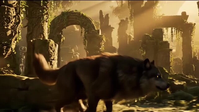 Wildlife exploration majestic wolf in a sunlit ancient environment