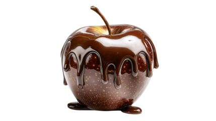 Ripe apple covered in flowing melted chocolate creating smooth glossy drizzle with rich sweet dessert appeal isolated on white background