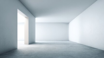 Fototapeta premium Minimalist Architecture: Empty White Room with Concrete Floor and Natural Light from Open Doorway