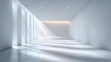 Fototapeta premium Minimalist White Interior Space with Natural Light Streaming Through Tall Windows, Creating a Serene Ambience