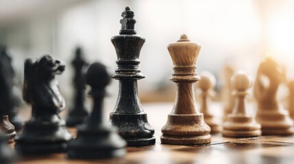 Strategic Chess Game: Close-Up of King and Queen on Wooden Board, Symbolizing Strategy and Tactics