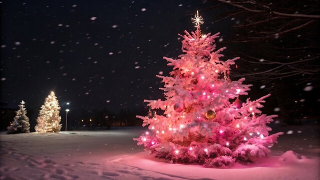 Illuminated christmas trees in a snowy landscape at night with falling snow and a star on top tree