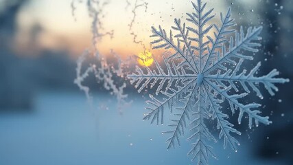 Snowflake on frosty window at sunrise. - Powered by Adobe