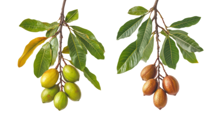 Two hanging sapota branches with leaves one with green unripe fruits on transparent background