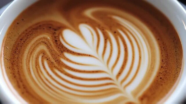 Close up of a beautifully crafted latte art with a fern leaf pattern.