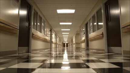 Naklejka premium Endless Hospital Hallway with Checkered Floor and Clinical Setting, Perspective View