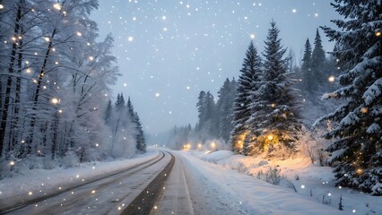 Snowy road winding through a winter forest with falling snow and illuminated trees at dusk or dawn