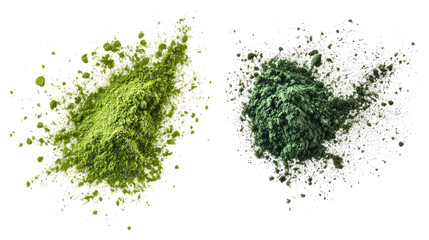 Obraz premium Two sets of spirulina and green tea powder splash overhead on transparent background