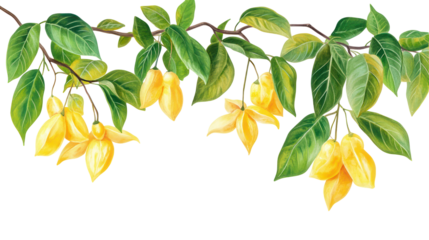 Two sets of star fruit branches with green leaves and yellow fruits on transparent background