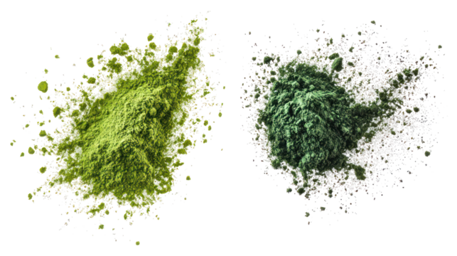 Two sets of spirulina and green tea powder splash overhead on transparent background